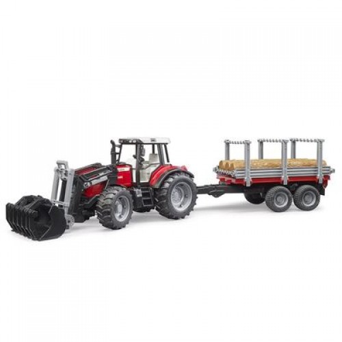 Traktorius Massey Ferguson 7480 su priekiniu krautuvu ir priekaba Bruder